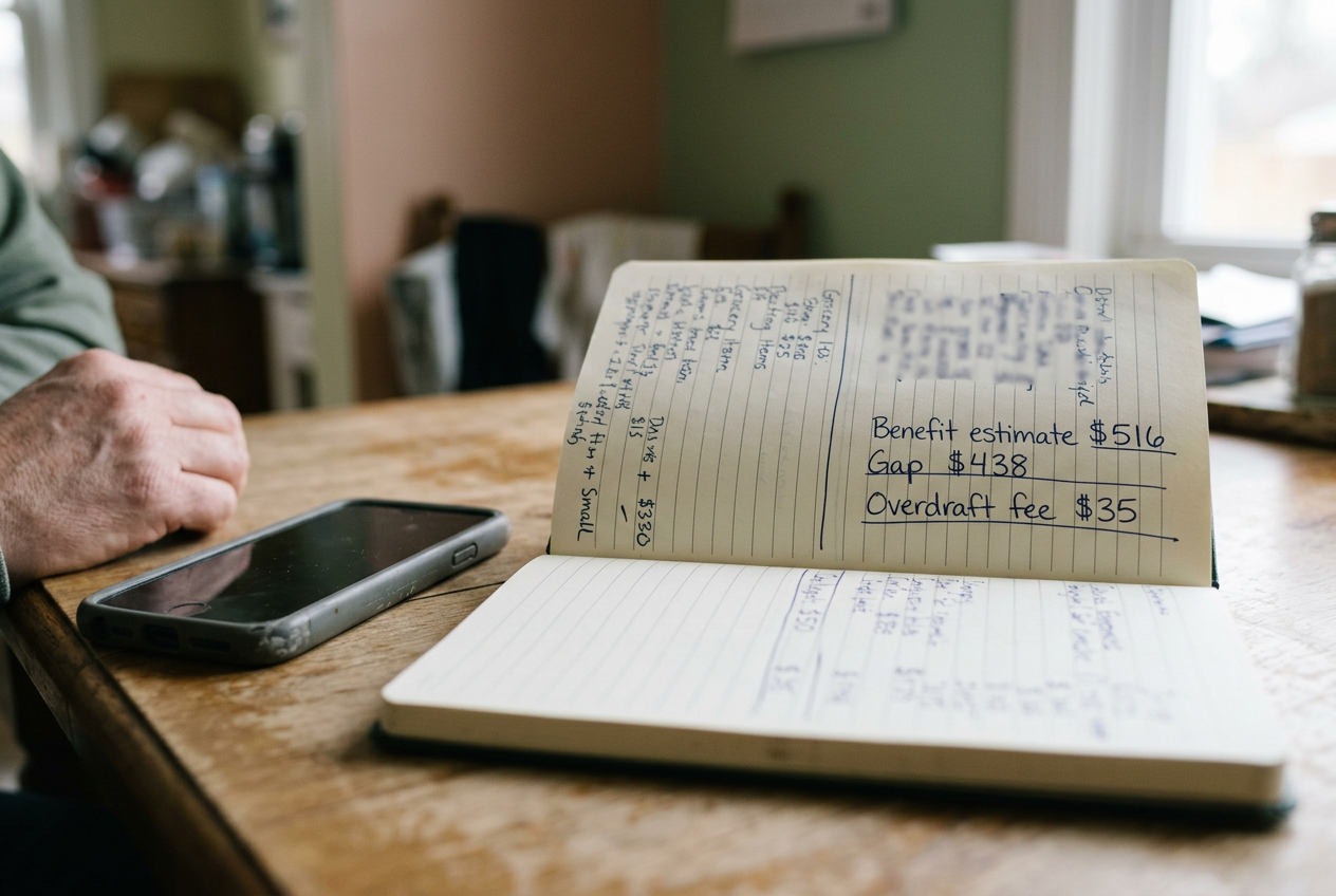 A phone rests beside an open budget notebook with $516 written next to groceries and rent.