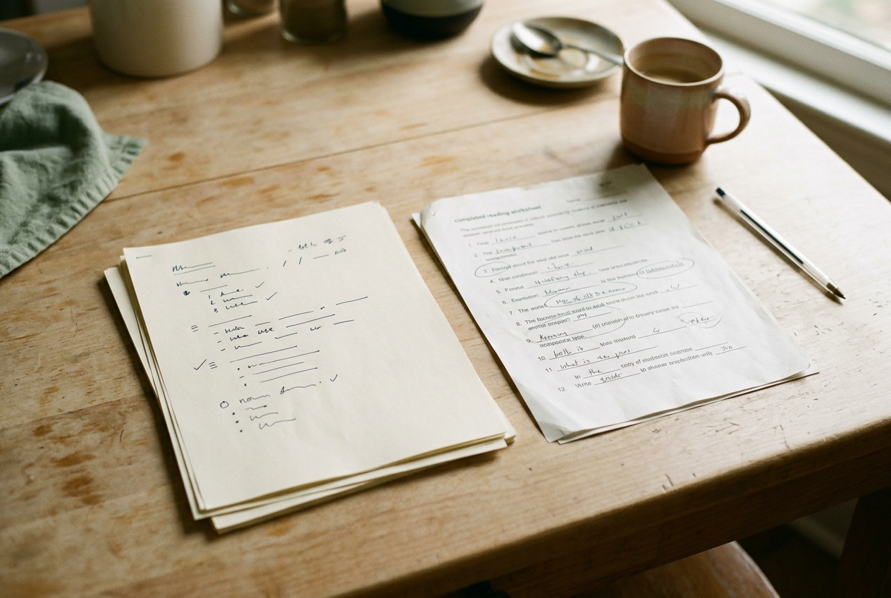 A classroom engagement report beside a child’s completed reading worksheet on a kitchen table.