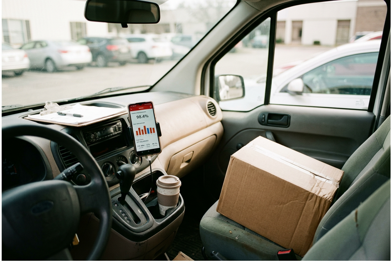 A delivery van cab with a camera above the mirror and a phone displaying a weekly driving scorecard.