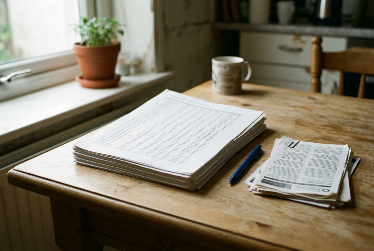 A printed camera-detection spreadsheet with several location rows circled beside a pen and organizing papers.