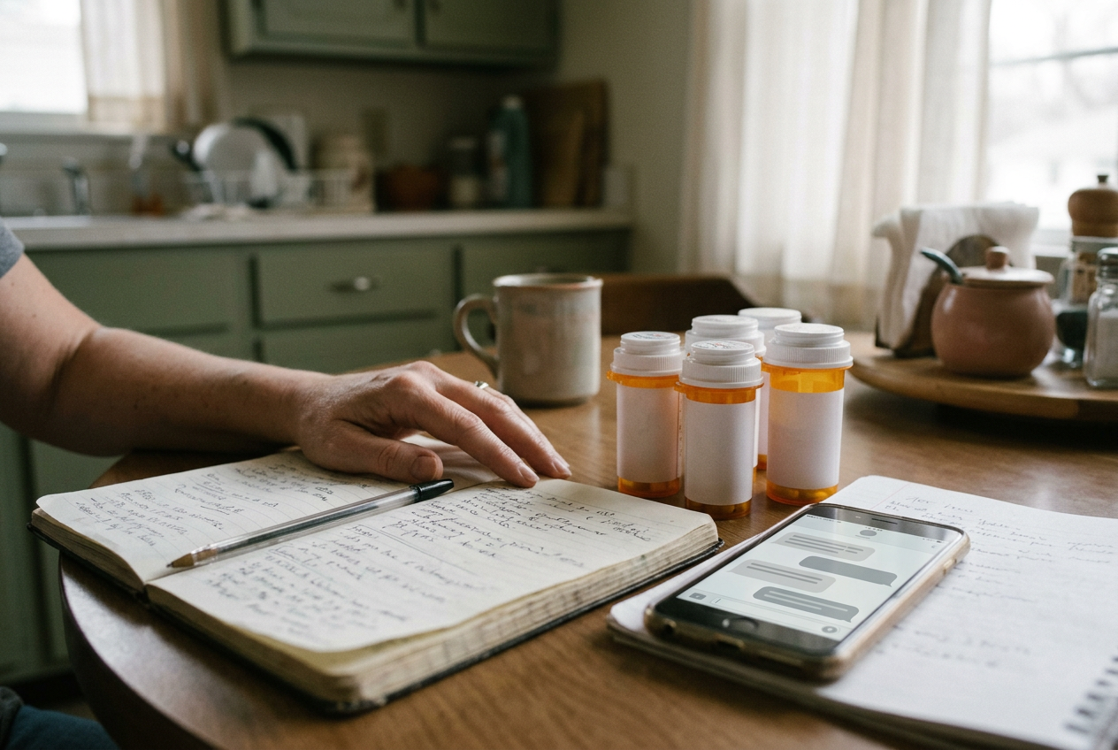 A notebook open beside four pill bottles and a phone displaying a generic chat screen on a kitchen table.