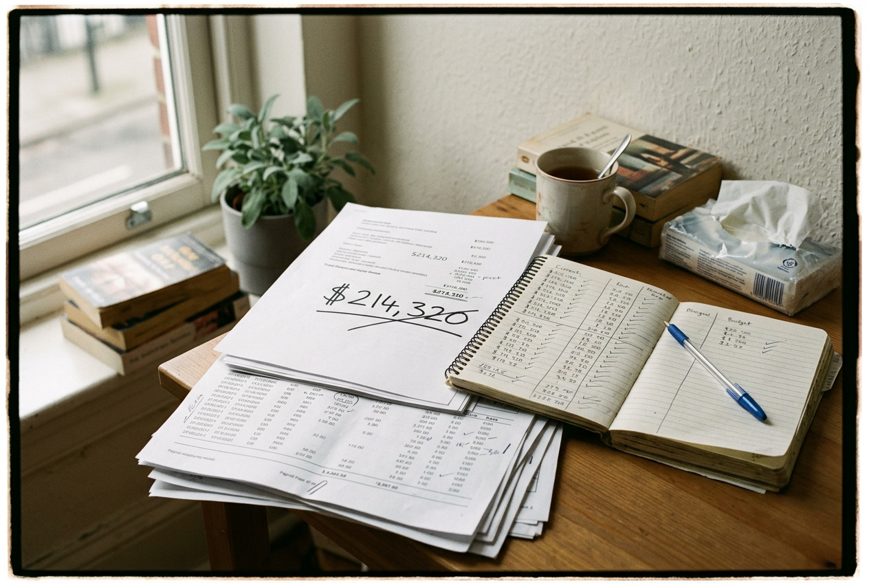 A printed loan dashboard beside payroll papers and a spreadsheet showing a crossed-out $214,320 estimate.
