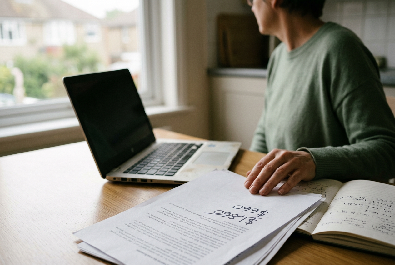 A laptop, printed chatbot conversation and college account statement showing a revised balance on a kitchen table.