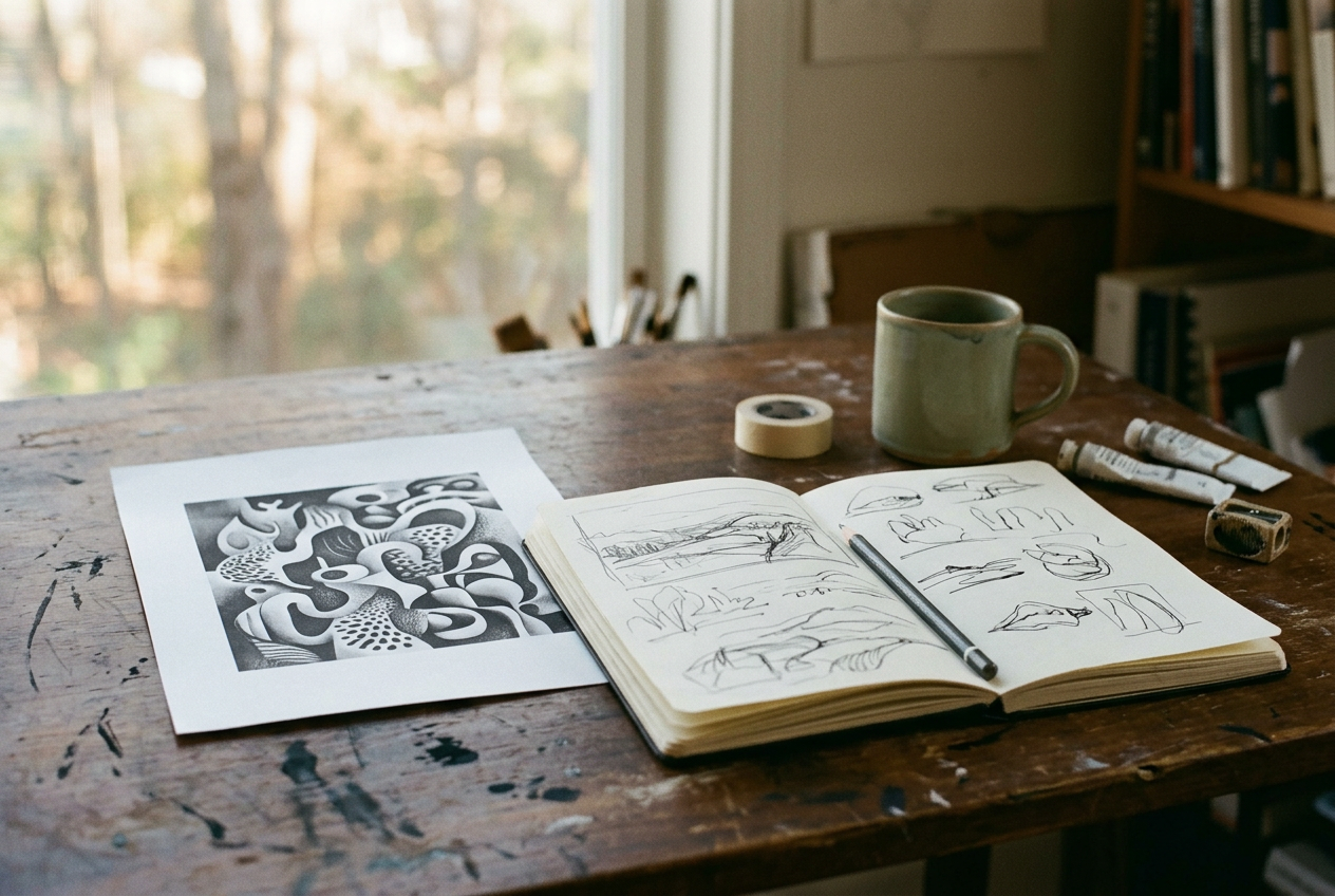 A printed AI reference lies beside an illustrator’s sketchbook and pencil on a studio desk.