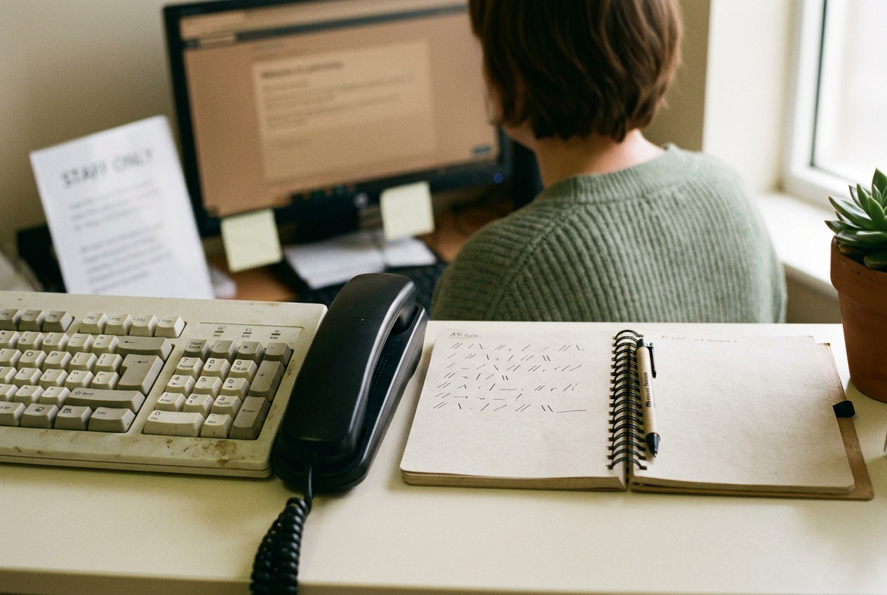 A notebook with phonetic spellings beside a clinic phone and computer keyboard.