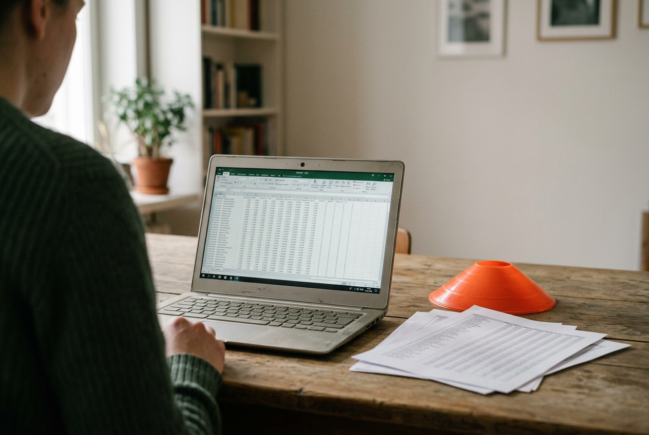 A laptop displays a spreadsheet of sports video records beside printed pages and a soccer training cone.