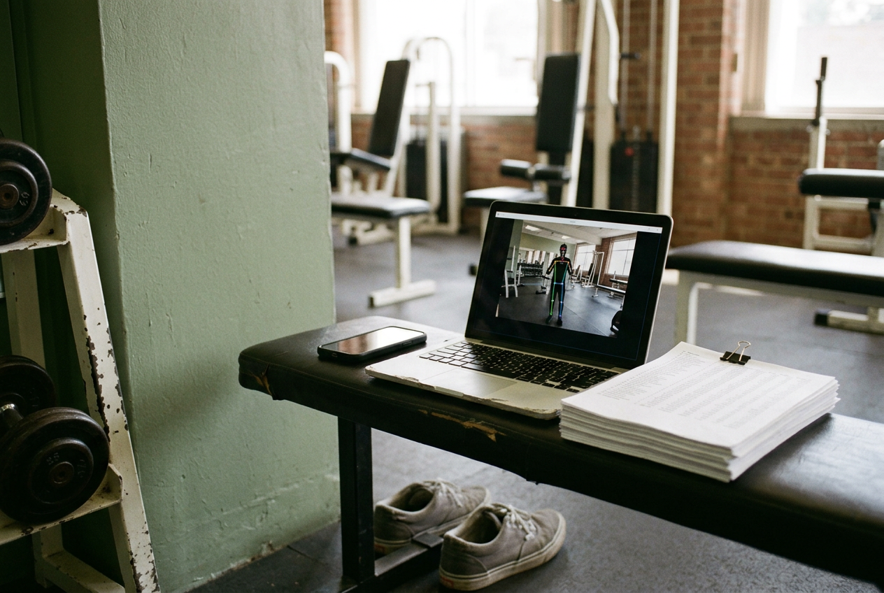 A laptop displaying a movement-analysis overlay beside a phone and a printed spreadsheet on a gym bench.