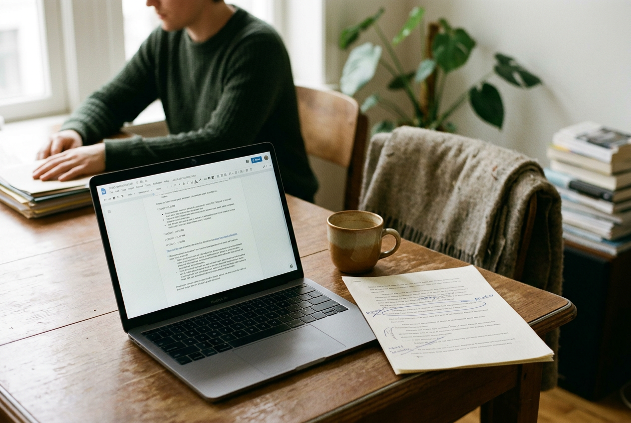 A copywriter’s laptop beside a spreadsheet marking AI drafts, unsupported claims, and substantial rewrites.
