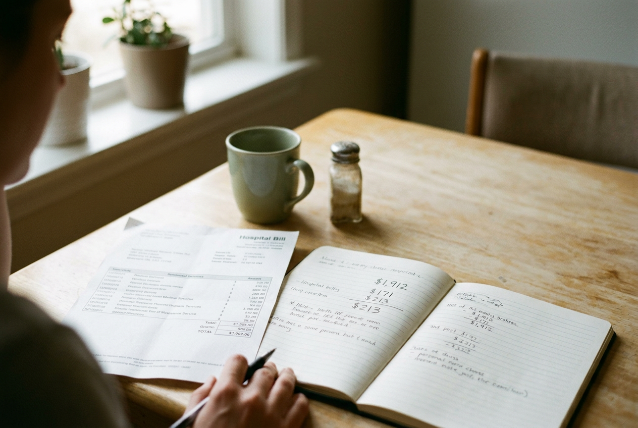 An itemized hospital bill beside a notebook showing a $171 payment and a $213 utility total.