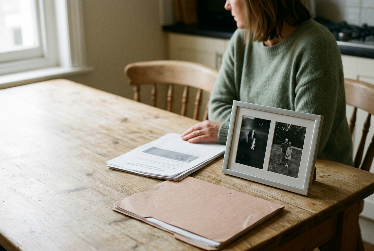 A printed video screenshot and paired comparison frame resting beside a closed folder on a kitchen table.