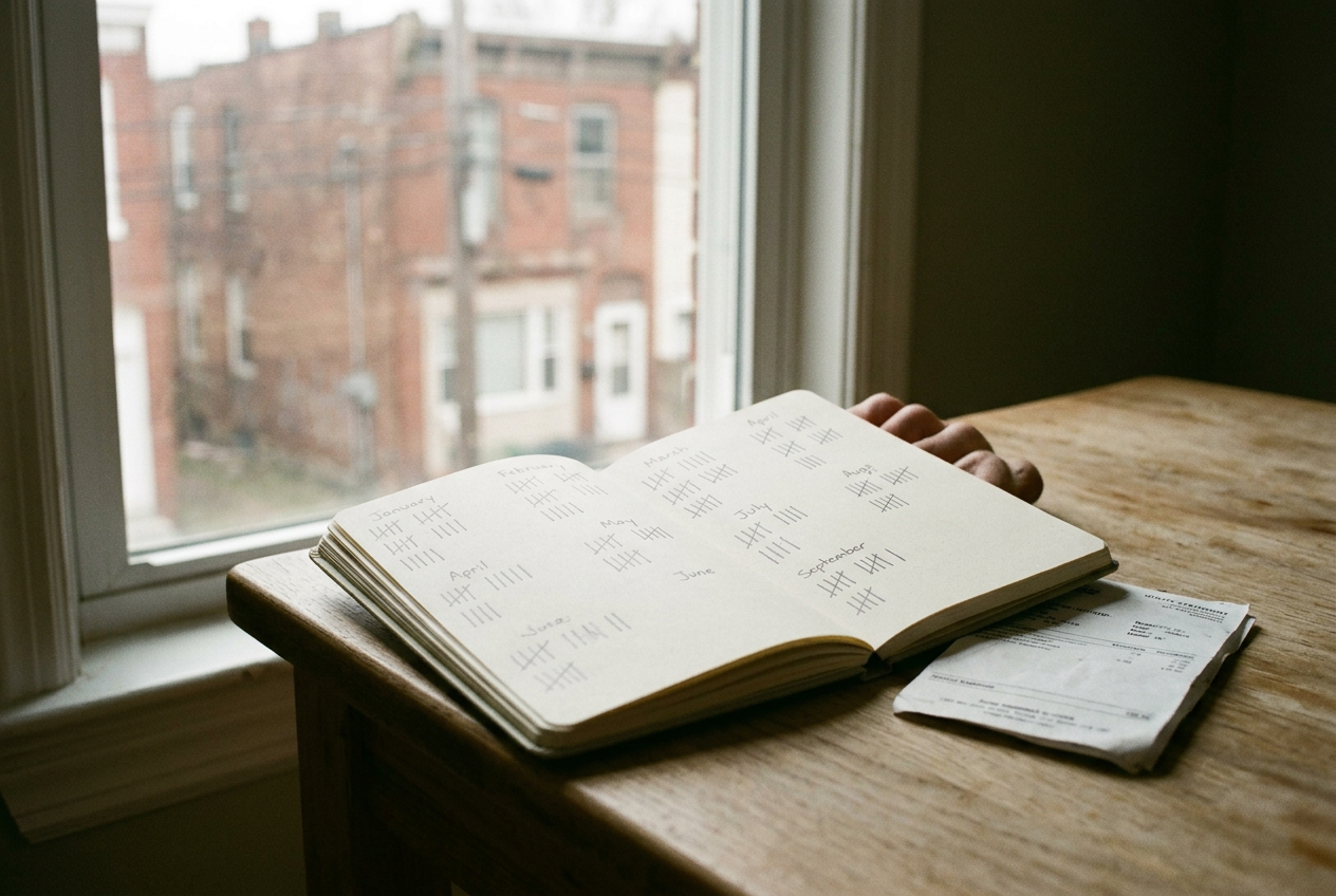 A notebook with tally marks rests beside a window overlooking farmworker housing and fields.