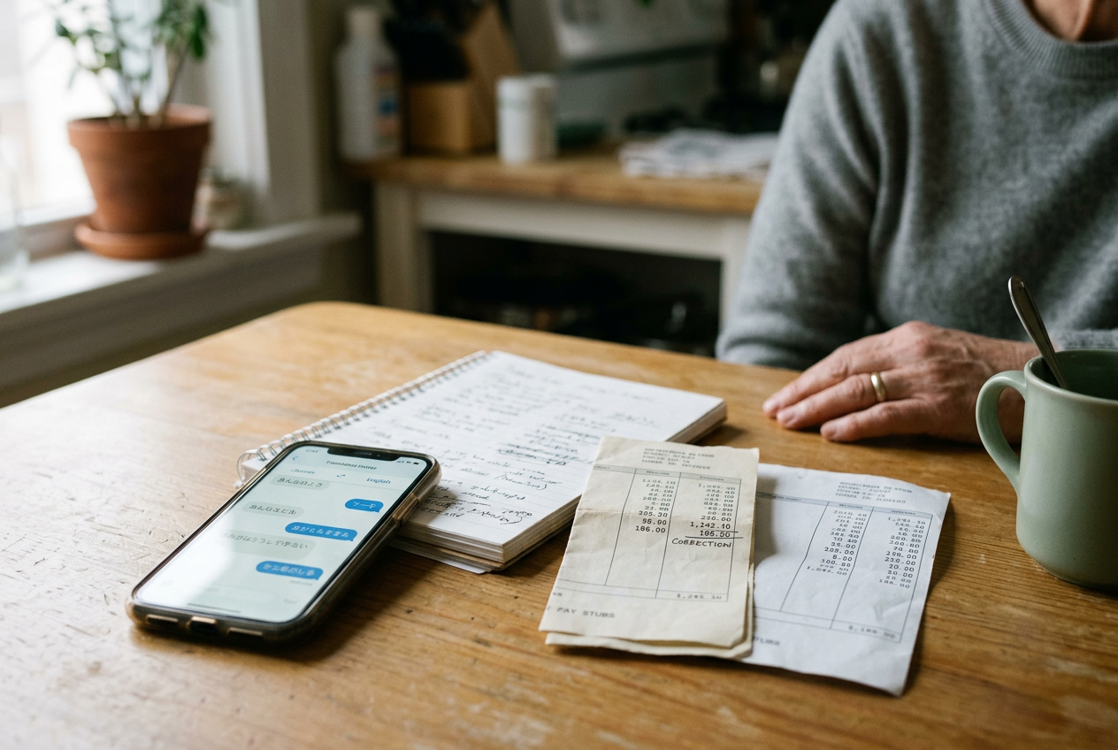 A shared phone displaying translation history beside pay stubs and a notebook on a kitchen table.
