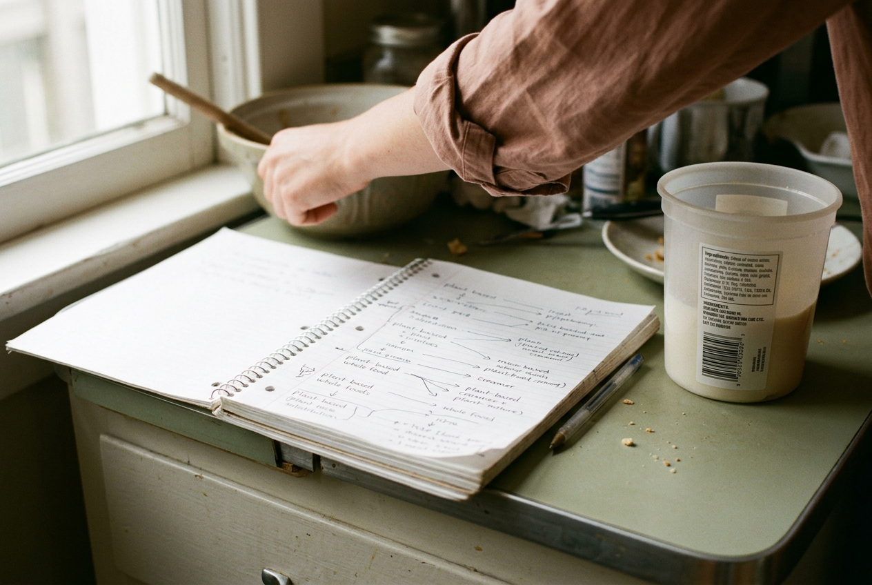 A recipe notebook beside a tub of creamer, with the ingredient label turned toward the camera.
