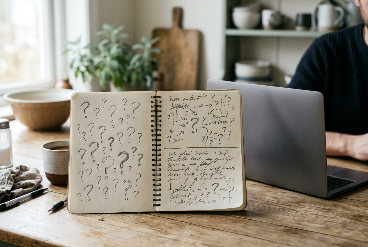An open notebook with memory fragments, question marks, and a closed laptop on a kitchen table.