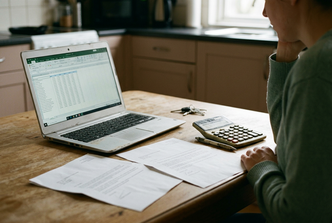 A laptop beside a rent-aid spreadsheet and two printed payment notices on a kitchen table.