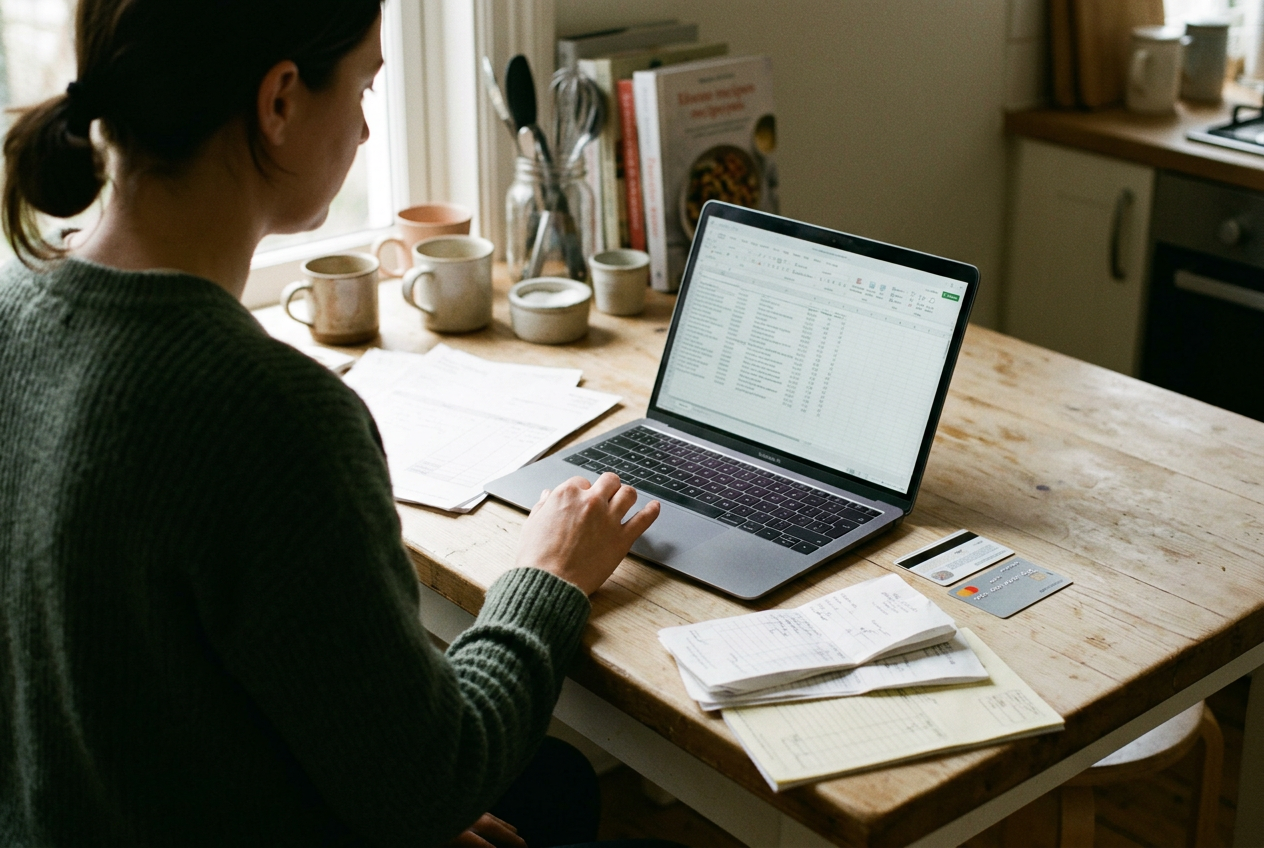 A laptop showing a catering spreadsheet beside invoices and two payment cards on a kitchen worktable.