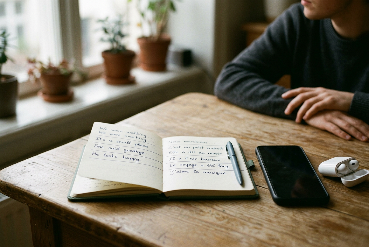 A translation earpiece beside a phone and an open notebook with two columns of symptom phrases.