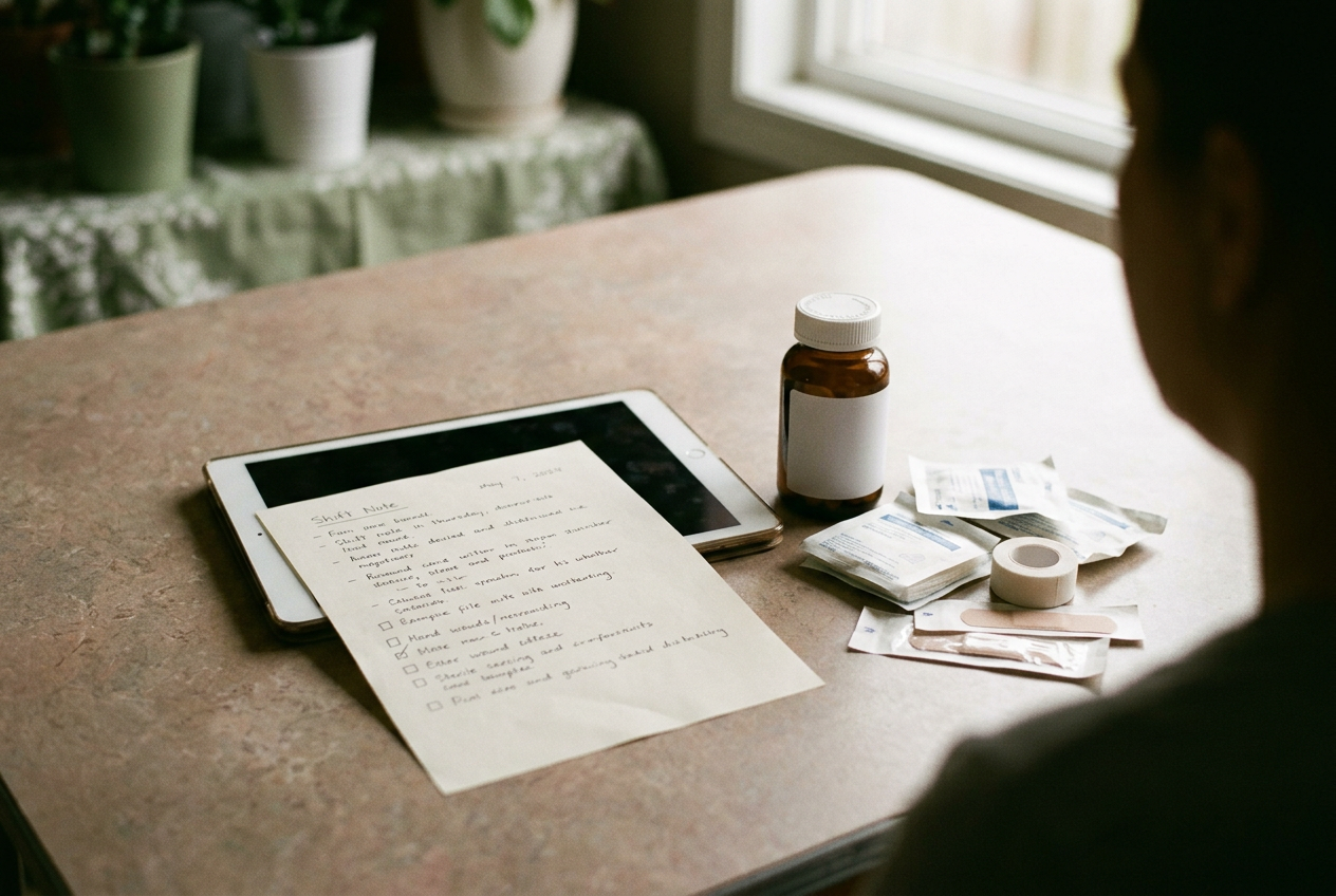 A tablet showing a nursing shift note beside medication bottles and wound supplies on a kitchen table.