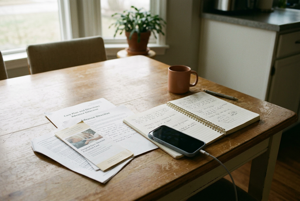 A notebook and phone beside hospice papers on a family dining table.