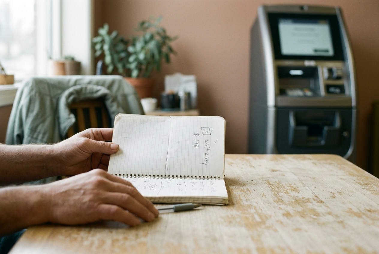 A worker’s hand beside a hiring kiosk and an open notebook with a $148 shift entry.