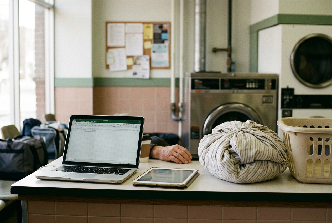 A laundromat counter with a laptop showing an alert log beside folded laundry.
