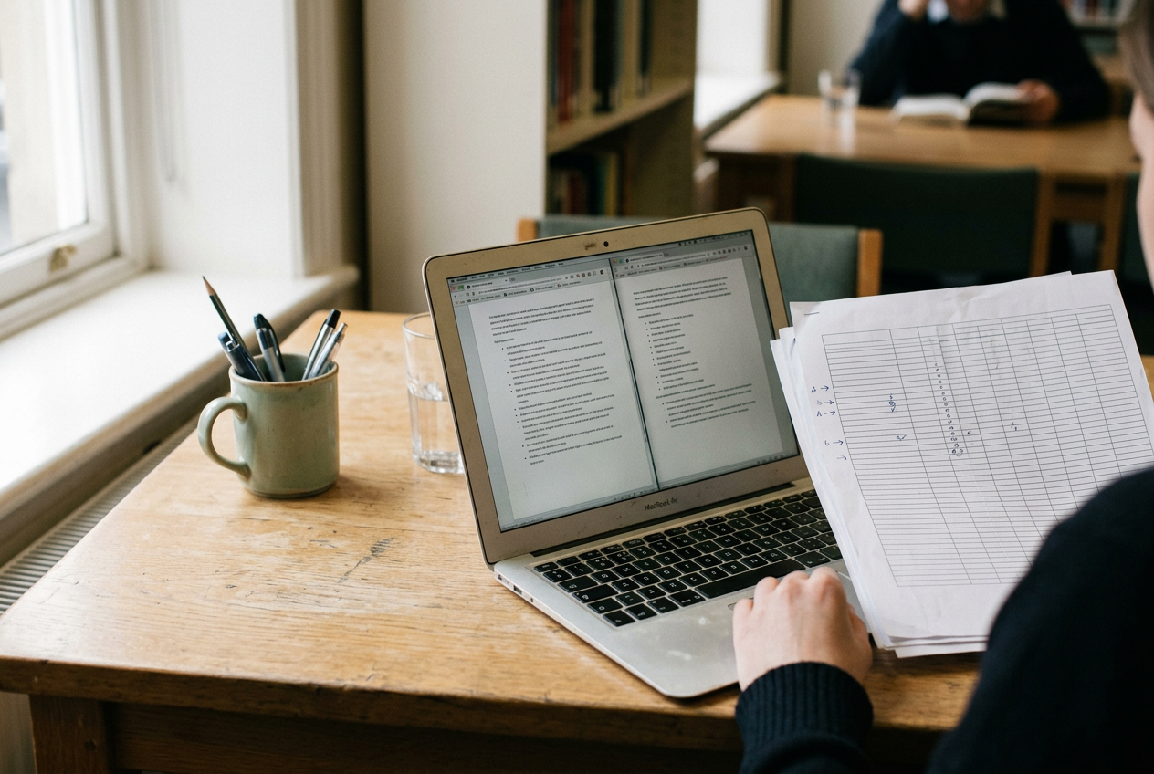 A laptop with book suggestions sits beside a printed spreadsheet on a school library desk.