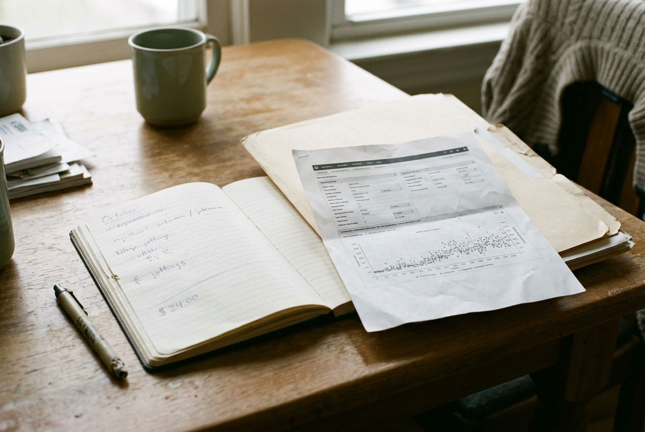 A printed staff-dashboard screenshot beside a notebook used to track job applications and computer costs.
