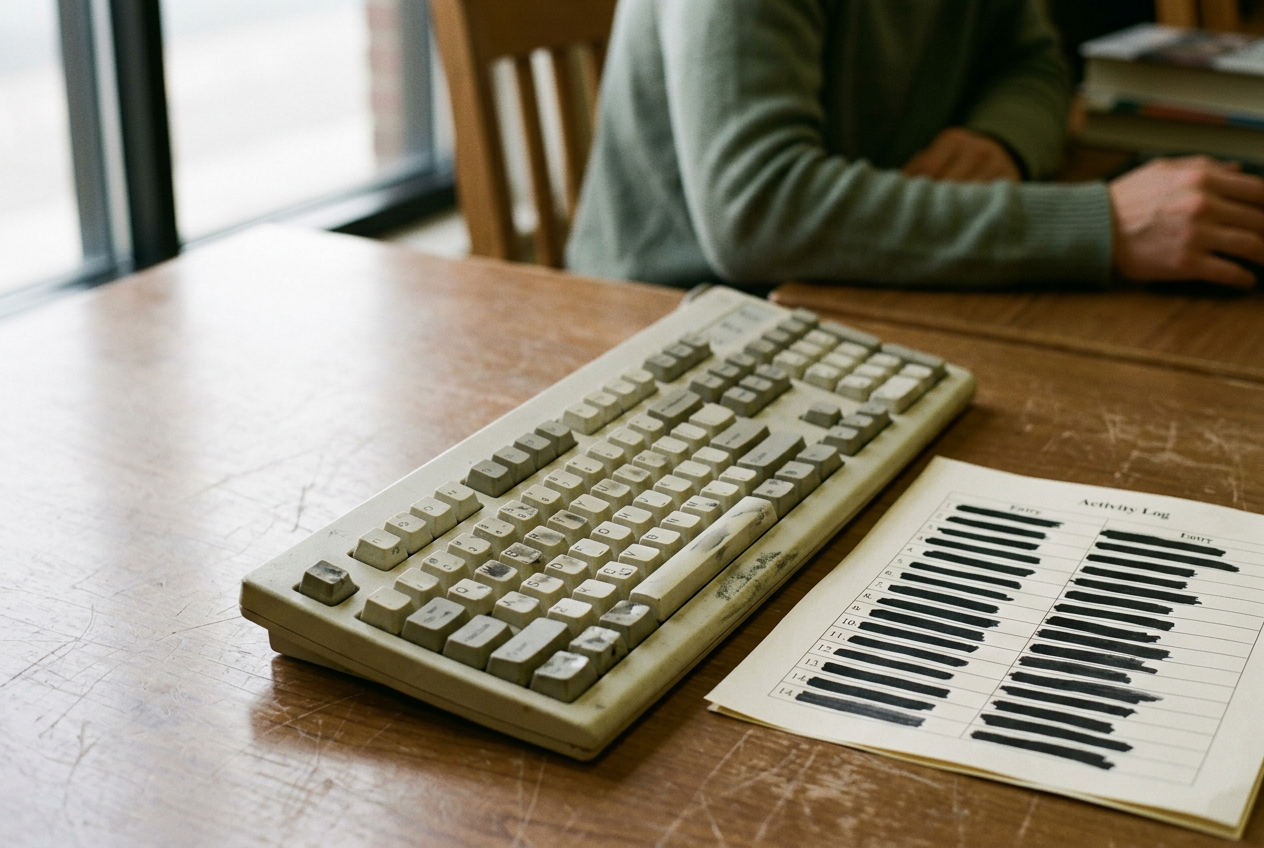 A printed computer activity log beside a library keyboard, with page titles visible but no personal details.
