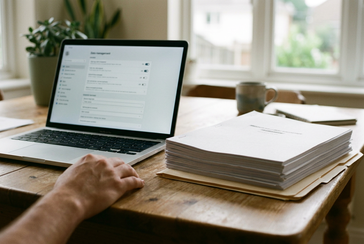 A laptop beside a printed chat export and a page showing chatbot data controls.