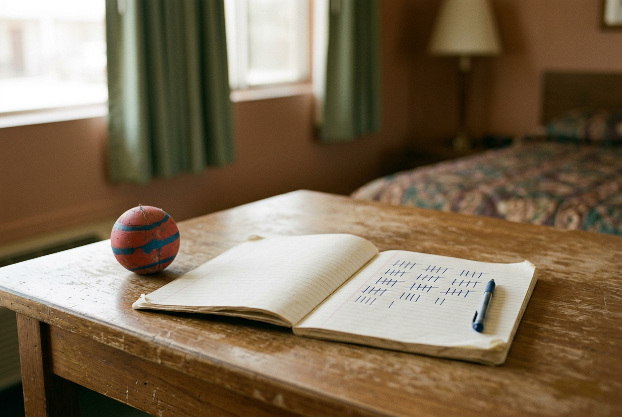 A notebook beside a motel key card and a child's ball on a small table.