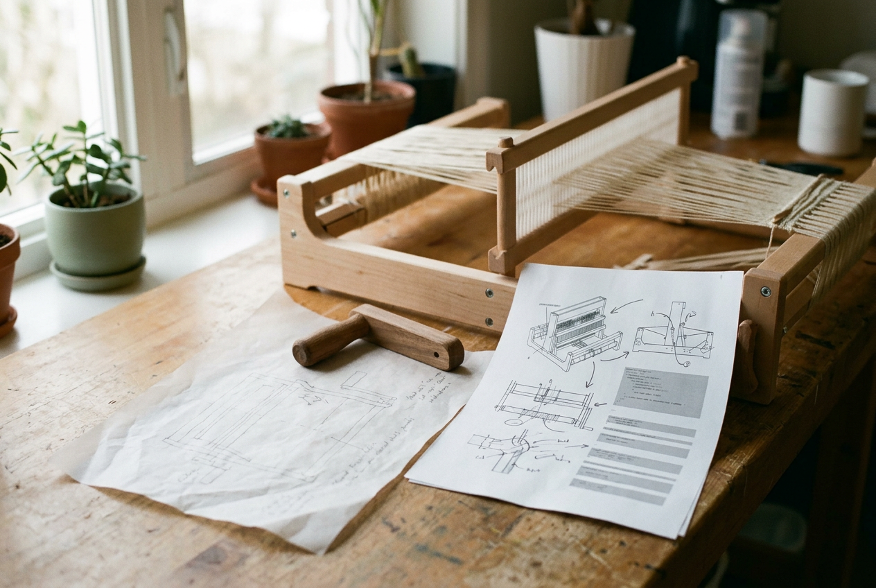 A preparator’s workbench with a small loom, a new wooden crank handle, and an annotated AI reference printout.