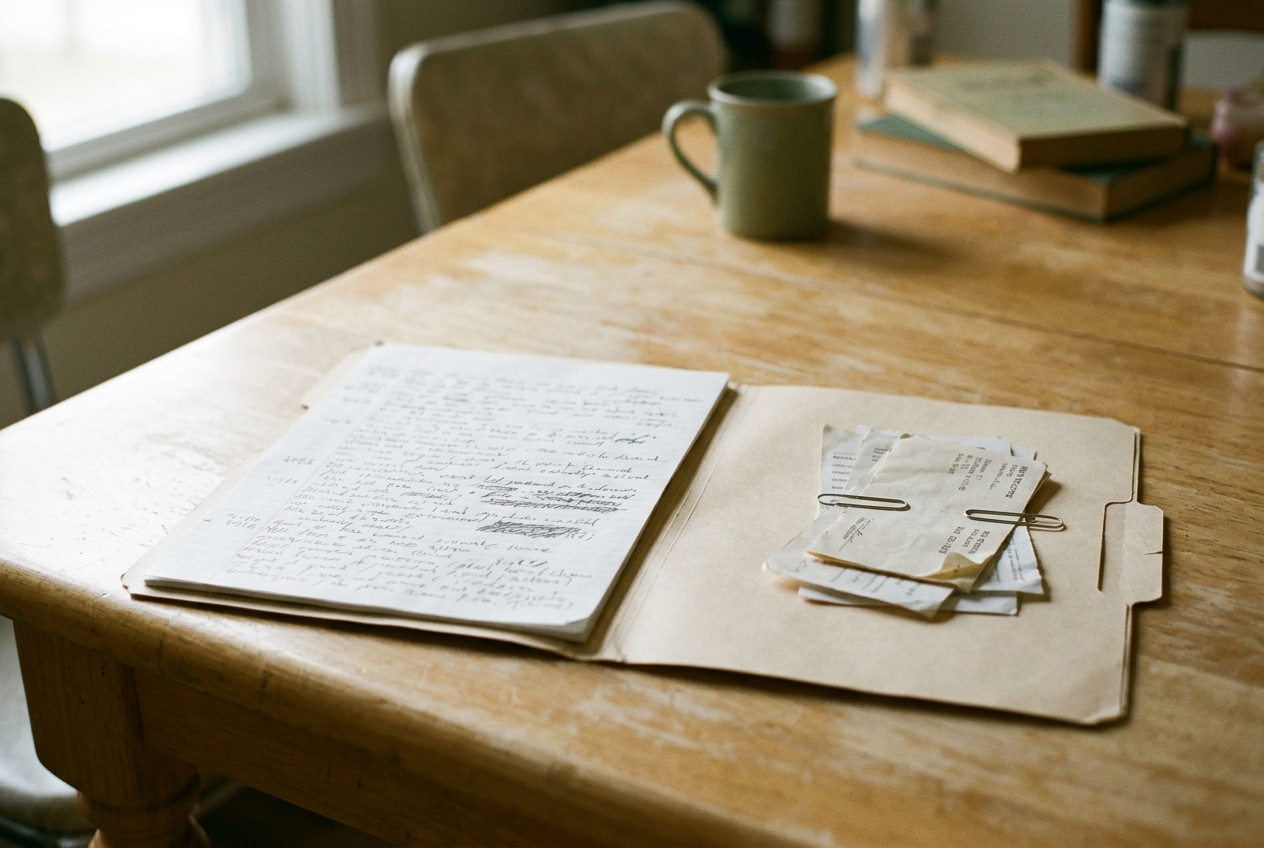 A disturbance event log beside rent receipts and a child’s school paper on a kitchen table.