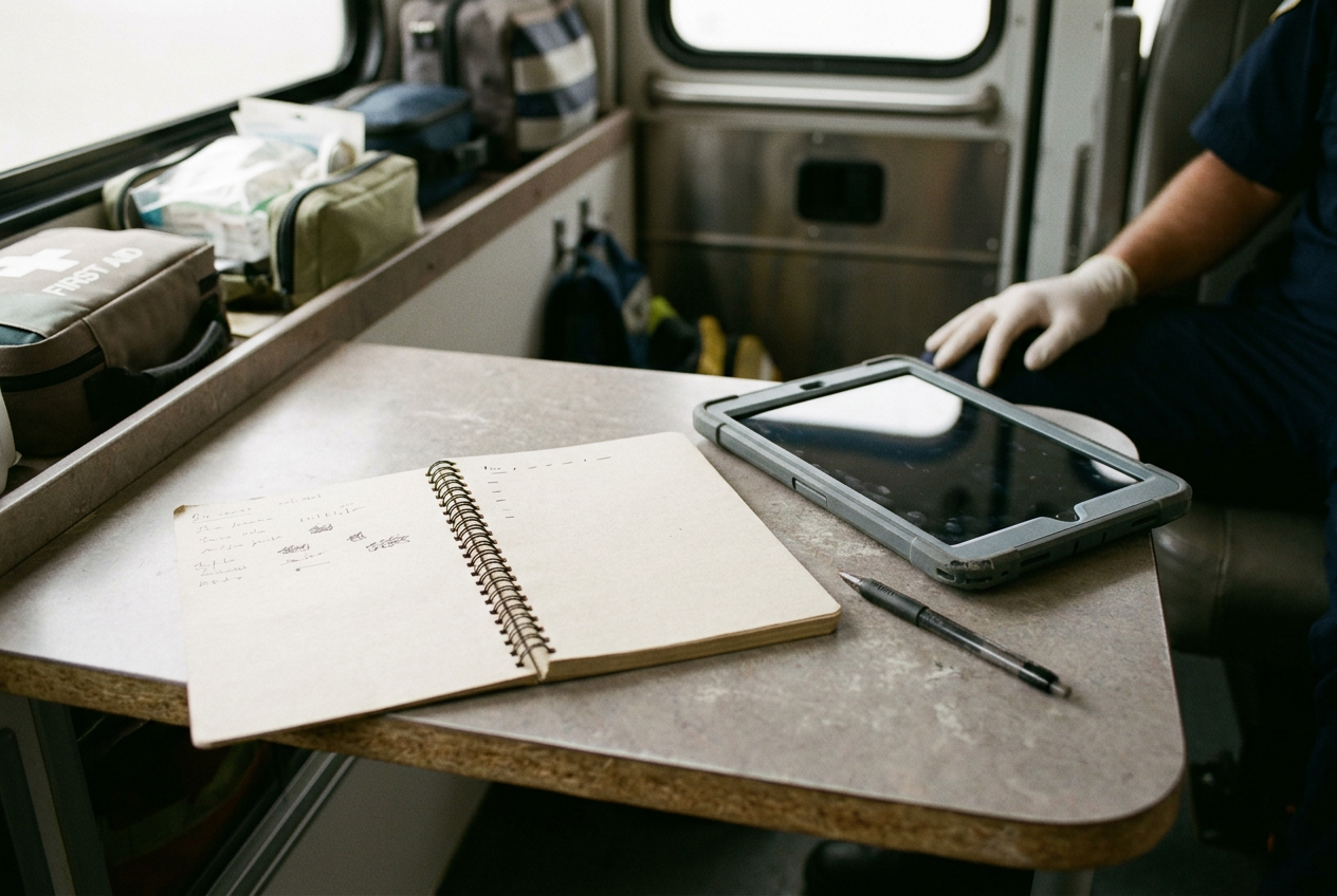 A notebook beside a tablet used to complete an emergency medical report inside an ambulance.