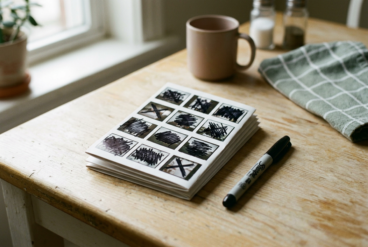 A printed contact sheet and marker on a kitchen table, with all thumbnail images obscured.