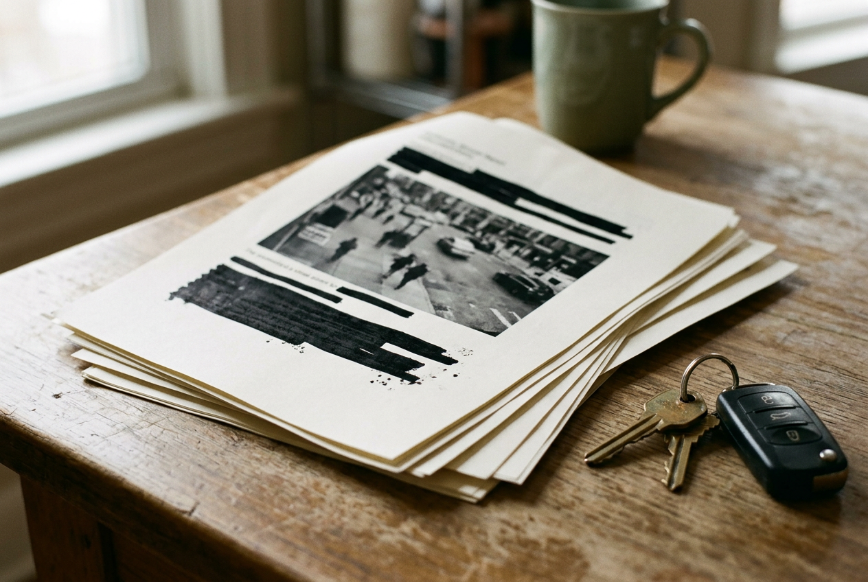 A printed intelligence report lies beside car keys, open to a page showing an obscured license-plate image and map.