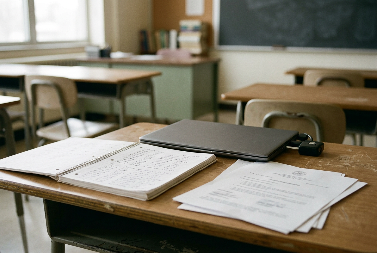 A notebook beside a locked-down laptop in a prison education classroom, with a printed source packet open nearby.