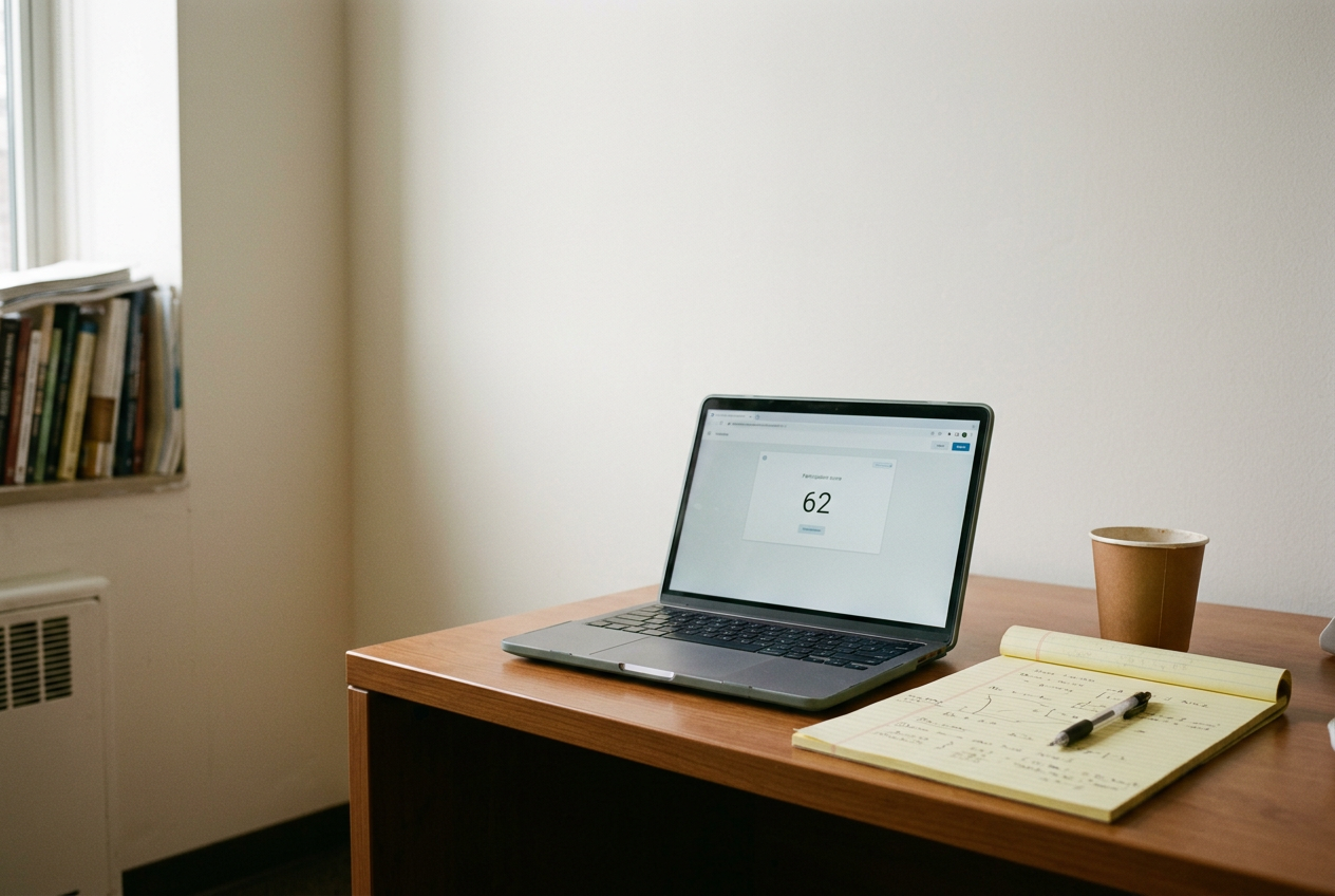 A laptop showing a seminar participation dashboard beside handwritten class notes on a professor’s desk.