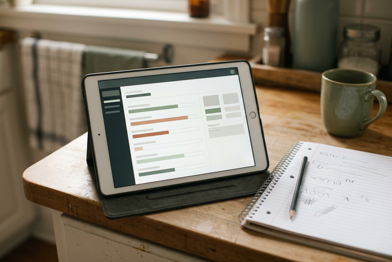 A tablet showing a reading dashboard beside a student’s open notebook on a kitchen counter.