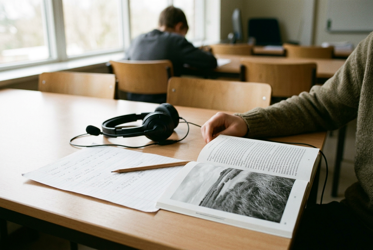 A printed reading report beside a student headset and an open passage about a storm