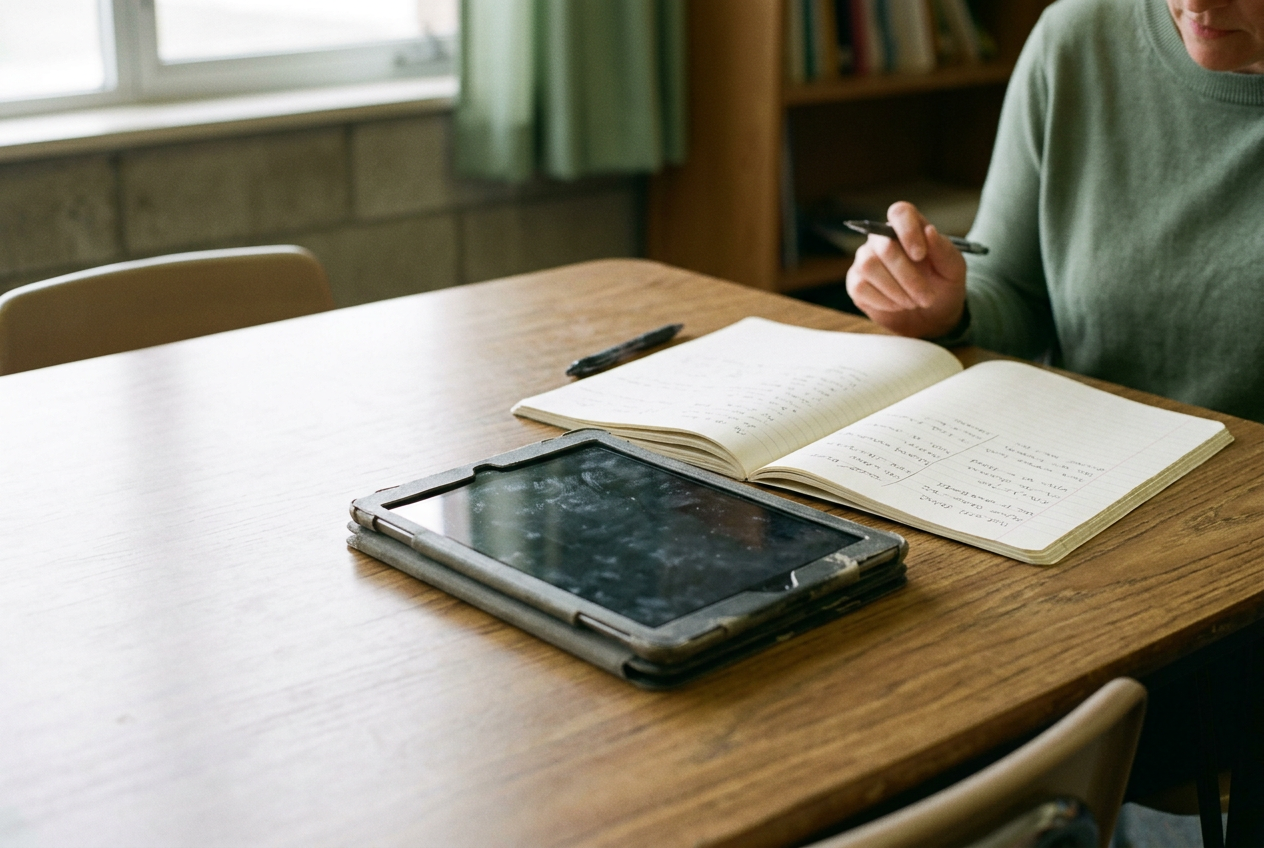 An open notebook and a tablet used for translation on a school conference table.