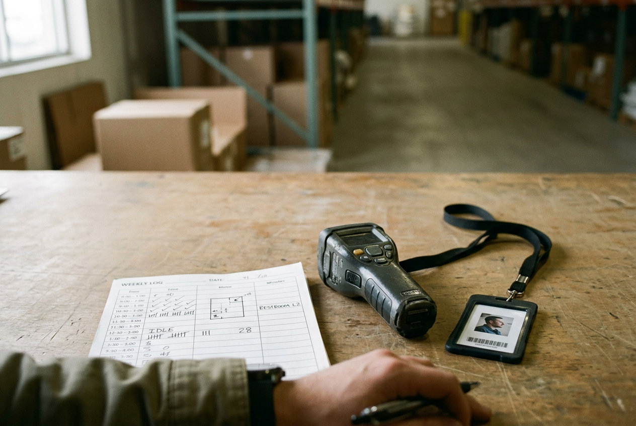 A required warehouse badge beside a scanner and a printed weekly report showing location and idle time.