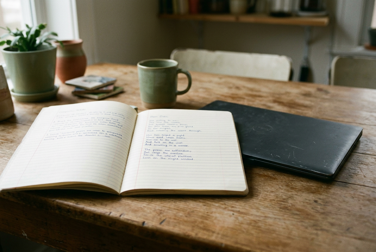 A two-page student poem beside a creative writing prompt and a closed school laptop on a kitchen table.