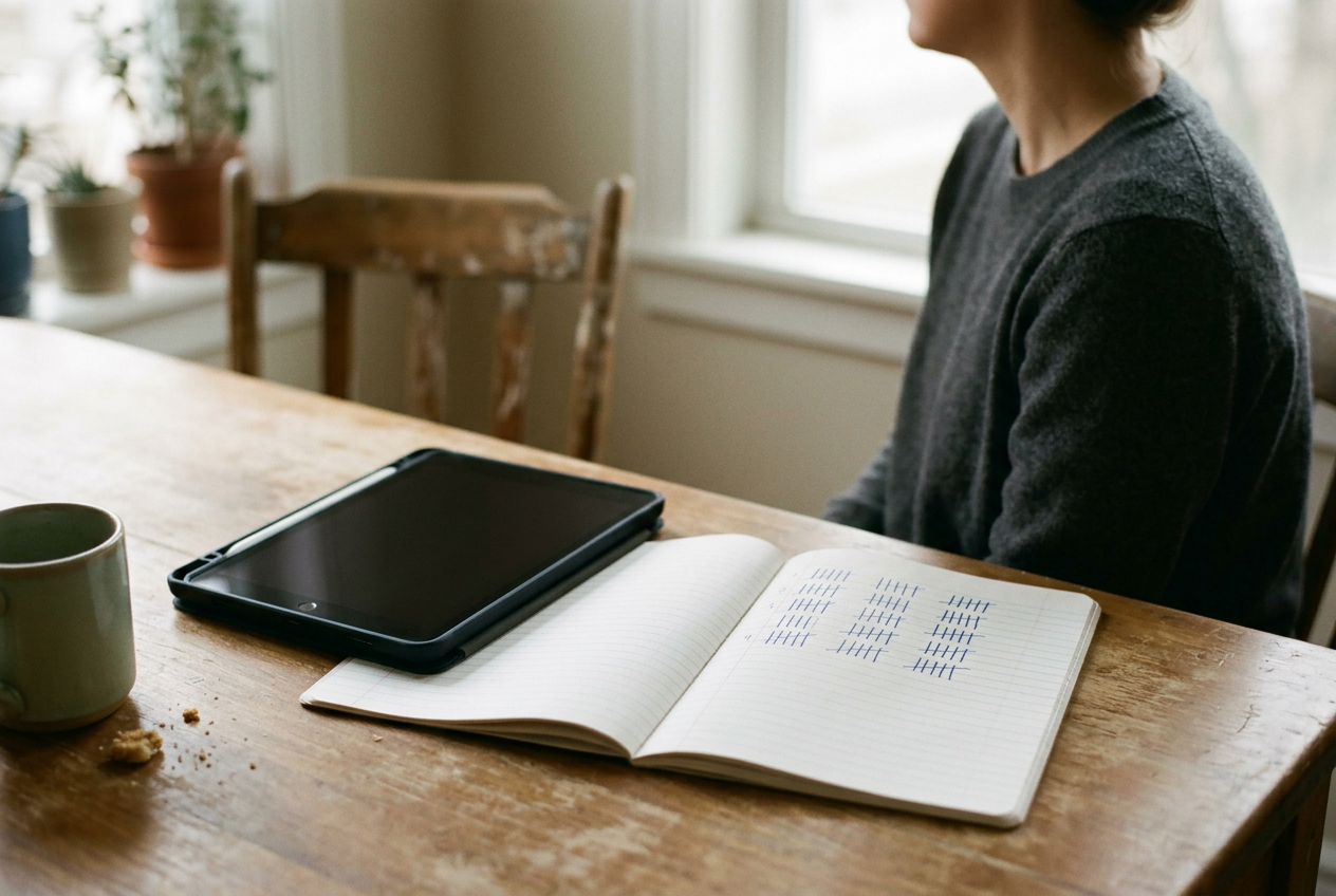 A school tablet sits face down beside an open notebook on a family kitchen table.