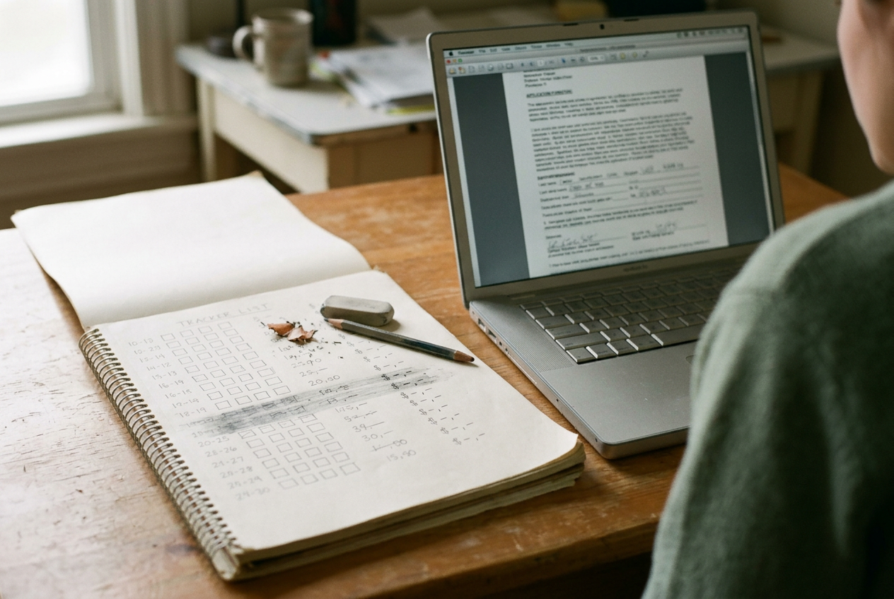 A scholarship tracker beside a laptop showing an application PDF and text-to-speech controls.