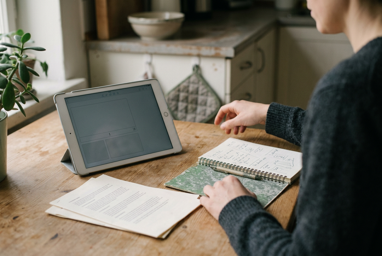 A shared tablet on a housing kitchen table beside a four-page printout of saved translation history.