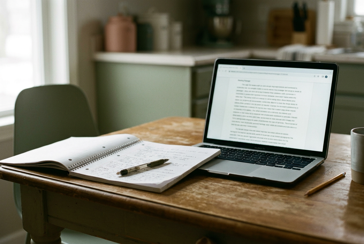 A school laptop and an open notebook on a kitchen table beside a paperback.