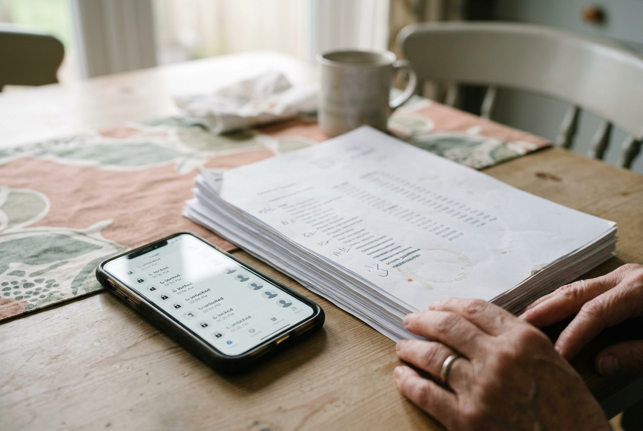 A phone displaying a smart lock activity report beside a printed calendar of inferred overnight stays.