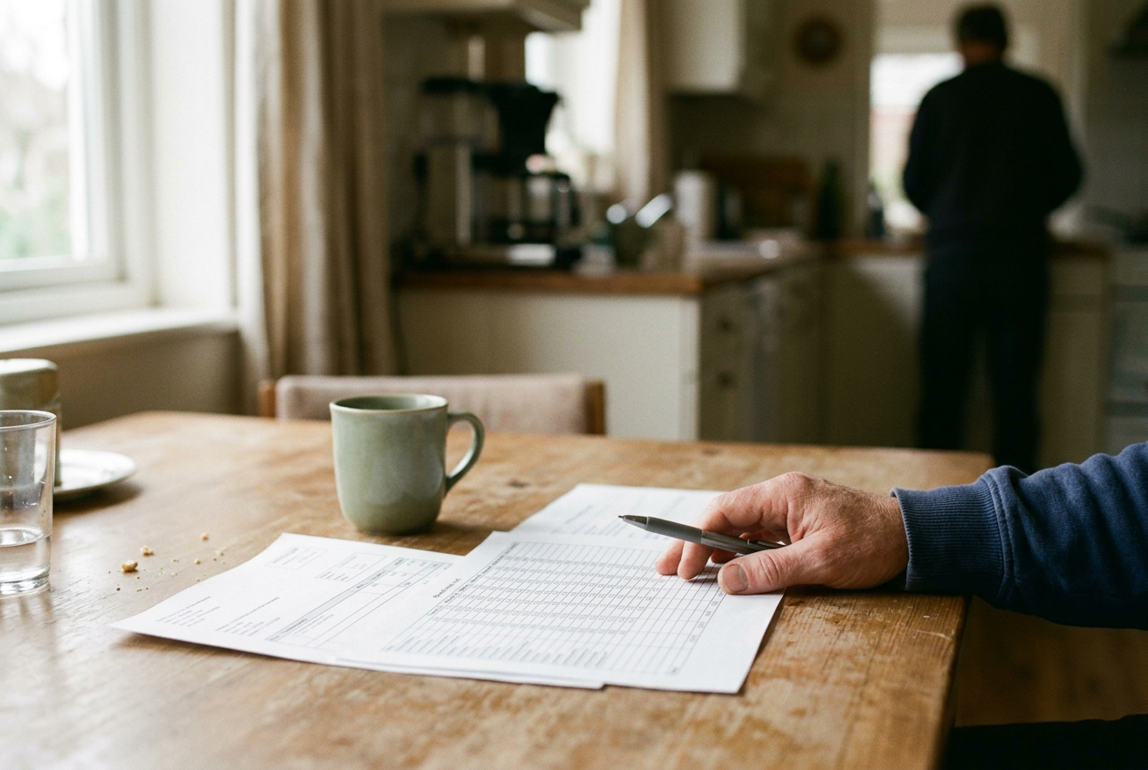 A printed cash-flow spreadsheet beside an estimate for replacing a fishing boat engine.