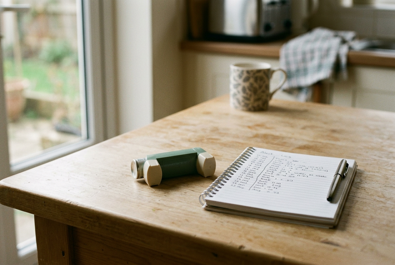 A prescription inhaler beside a printed school sensor alert log with eight marked rows.