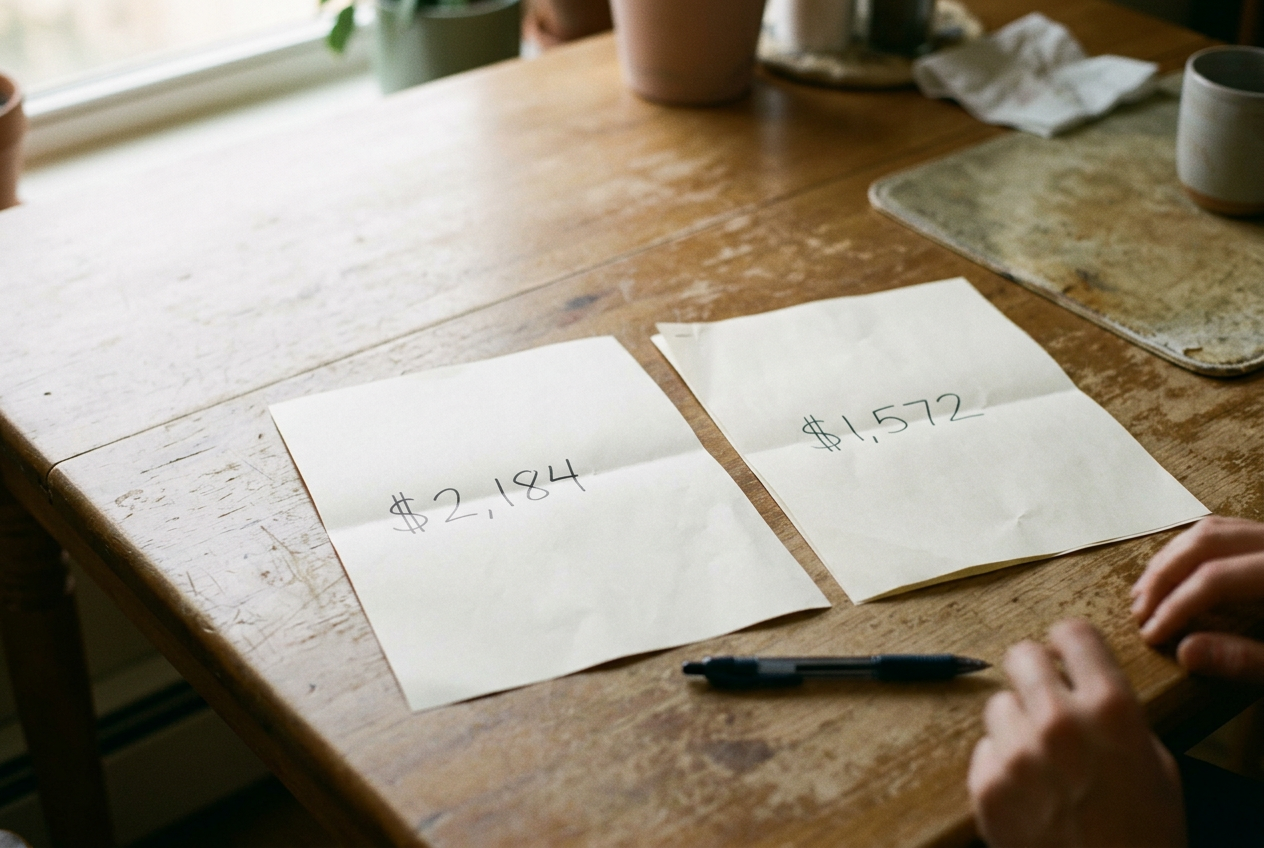 Two auto insurance quote sheets on a kitchen table, with annual totals of $2,184 and $1,572 marked in pen.